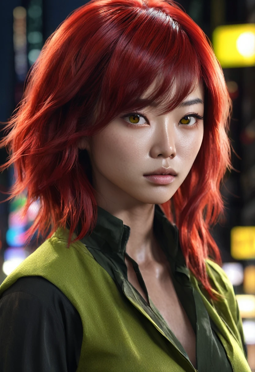 1 woman, she is japanese with black skin, inside a city at night, wearing a moss green blouse, female yellow eyes, dark black skin, detailed black skin, RED HAIR, RED HAIR, long choppy red hair, dramatic lighting, cinematic composition, dark palette, dark colors, atmospheric haze, thin chin, soft face, serious face, beautiful woman, adult woman, ultra realistic, adult woman, (best quality, 4K, 8K, high resolution, art: 1.2), ultra detailed (realistic, photorealistic, photorealistic: 1.37)