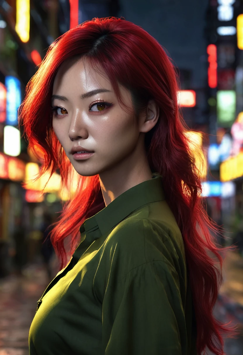 1 woman, she is japanese with black skin, inside a city at night, wearing a moss green blouse, female yellow eyes, dark black skin, detailed black skin, RED HAIR, RED HAIR, long choppy red hair, dramatic lighting, cinematic composition, dark palette, dark colors, atmospheric haze, thin chin, soft face, serious face, beautiful woman, adult woman, ultra realistic, adult woman, (best quality, 4K, 8K, high resolution, art: 1.2), ultra detailed (realistic, photorealistic, photorealistic: 1.37)