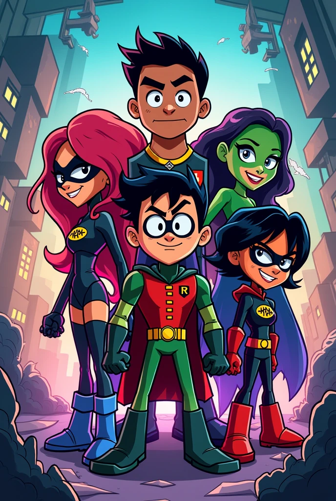 Pictures of the characters in Teen Titans with the words Abtal titans written on them