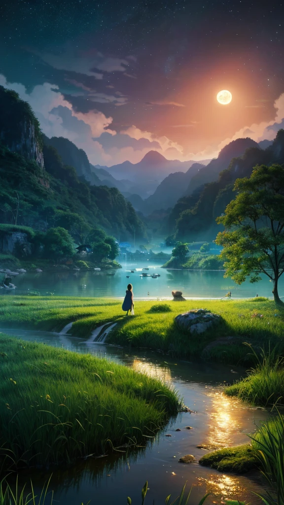 night scene with some house asian, vietnam, viet nam, ha giang, moon, lake in the foreground, calm night, green and blue, digital illustration, 4k highly detailed digital art, night scenery, anime art wallpaper 4k, anime art wallpaper 4 k, 4k detailed digital art, nighttime nature landscape, anime art wallpaper 8 k, background artwork, beautiful art uhd 4 k, 4 k hd illustrative wallpaper