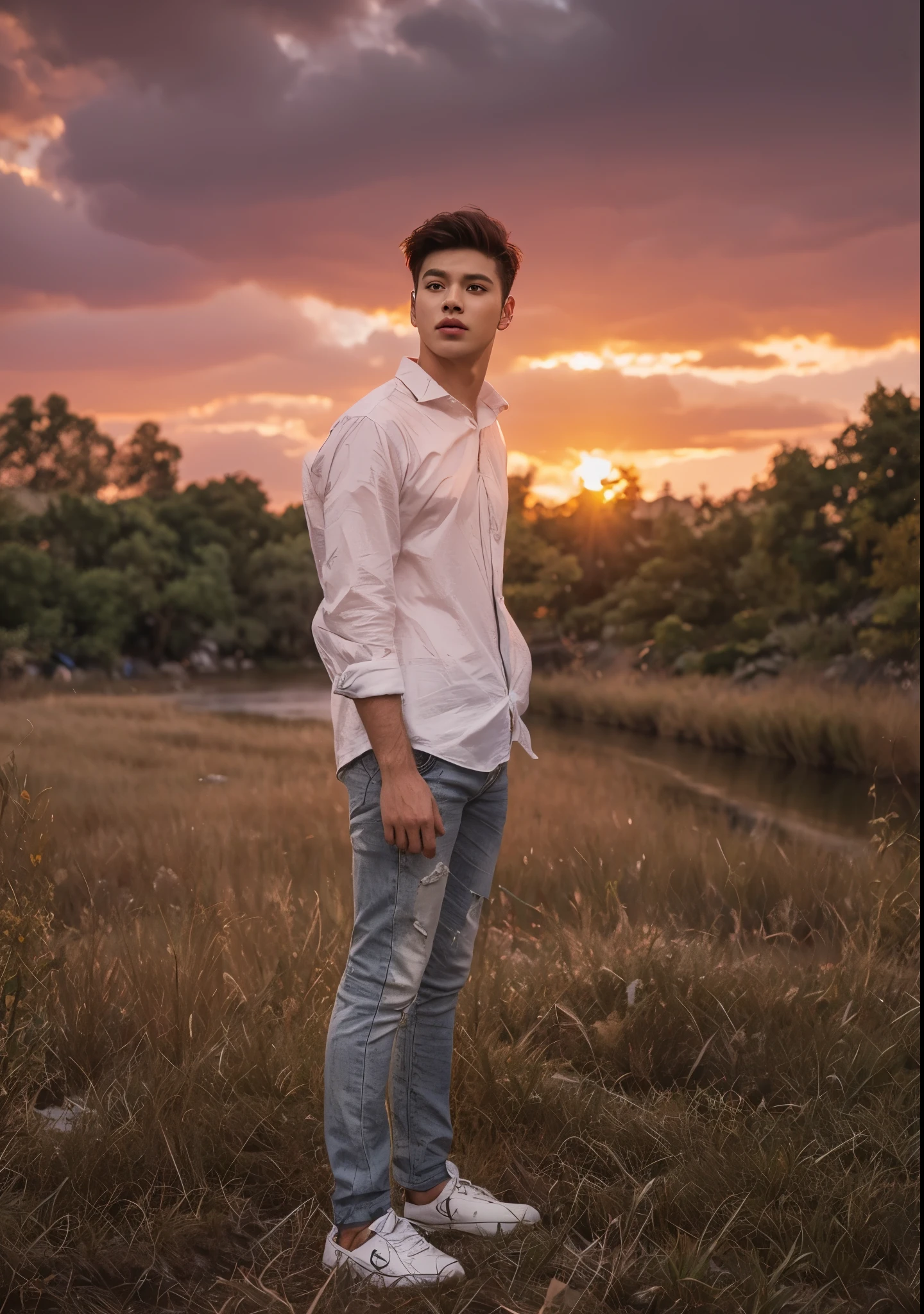Change background is river and sky lights  red colour shirt and hair style handsome boy cute boy realistic face hd clarity 4k ultra 