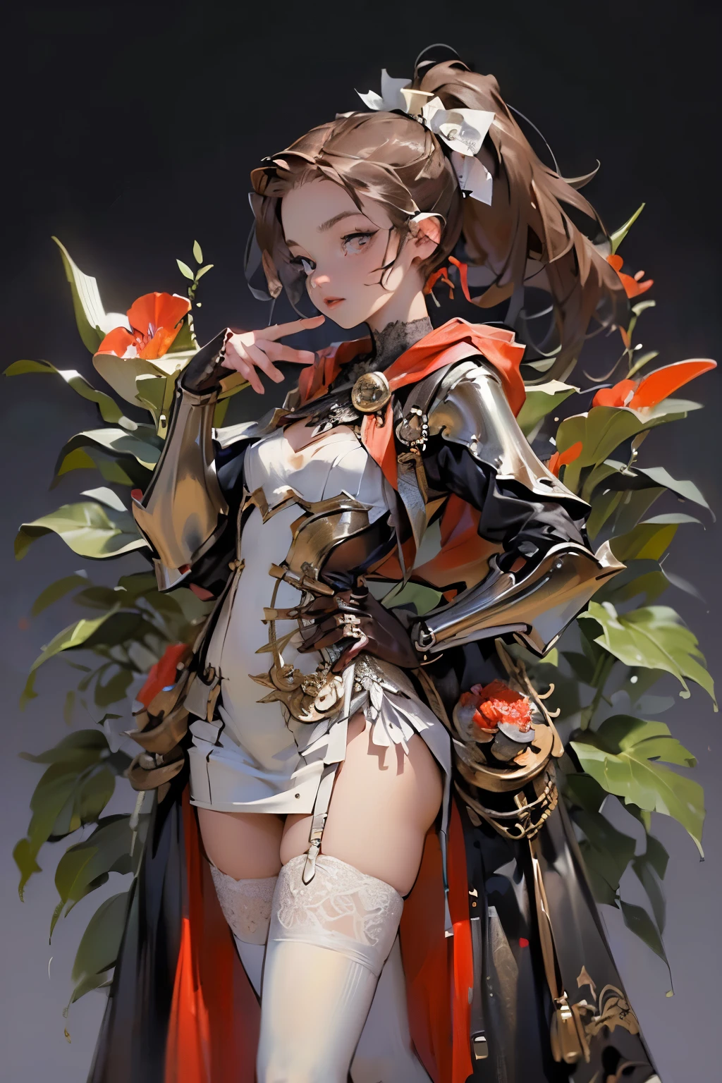 (((masterpiece, of the highest quality, super detailed))), (a female knight of an occult order), Edwardian/Victorian era inspired, ((minimal but intricate beautiful armour)), ((Fluttering lace flared dress with frilly petticoats)), ((((Highly detailed face))), ((dark hair)), ((ponytail, thick ponytail, heavy ponytail)), (((Very sharp focused eyes))), very long eyelashes, (resolved expression), (resolute expression), (small breasts), occult aesthetic, (red and white clothing detailed and intricate steampunk and detailed gothic), (with a hood), (thigh high flared socks), complex lace boots