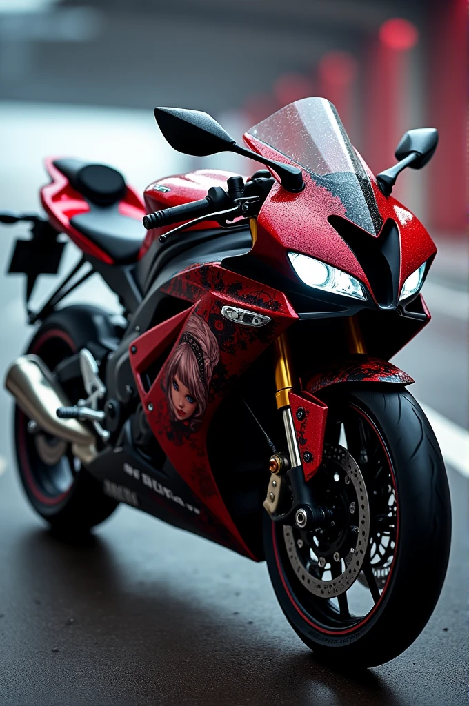 Make a Yamaha R6 with black and red color and Kurumi Tokisaki stickers