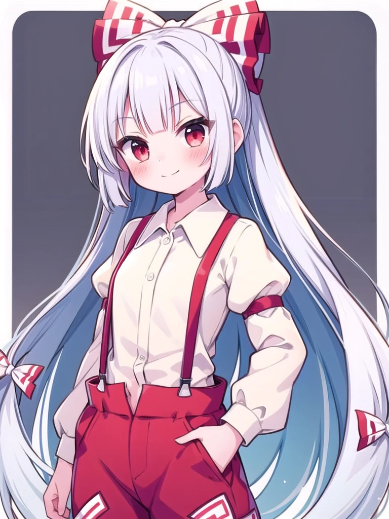 1girl, masterpiece, best quality, perfect hands, blush, smile, closed mouth, blunt bangs, fujiwara no mokou, very long hair, suspenders, long sleeves, red eyes, white hair, bow, ribbon, hair bow, pants, hair ribbon, shirt, multiple hair bows, white bow, white ribbon, cowboy shot