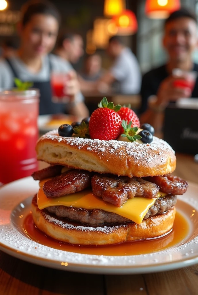 Restaurant named Santi lomitos burger , with people having strawberry smoothies and French toast with meat 