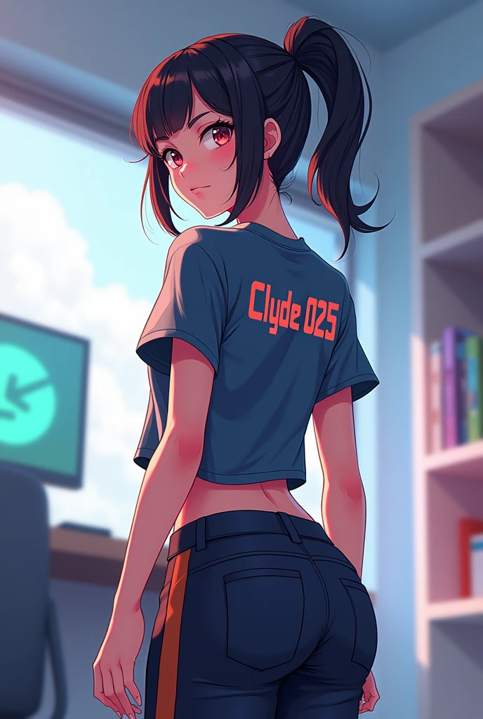 Cool Anime Girl game player with shirt name Clyde025 on the back of his shirt while standing
