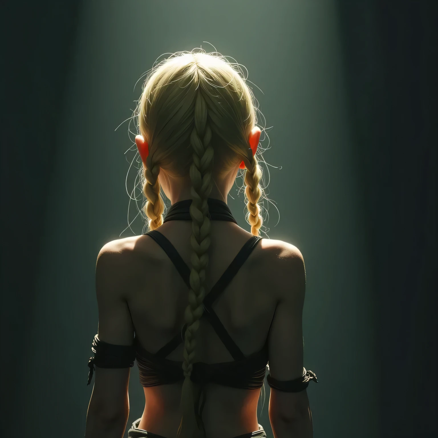 Close-up of a woman with braids wearing a black bra, blond hair with Pigtails, Gweiz-style artwork, Pigtail, Pigtails, 3d rendering character art 8k, cgsociety 9, Movie CG Association, Beautiful and cinematic lighting, Cinematic Backlighting, Cinematic Backlighting, Pigtails hair, Photorealistic dark concept art