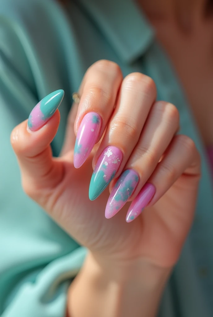 An image of nails painted with turquoise colors, pink and transparent
, a fine hand with long, trendy nails.. Hands outstretched as if showing off the nails