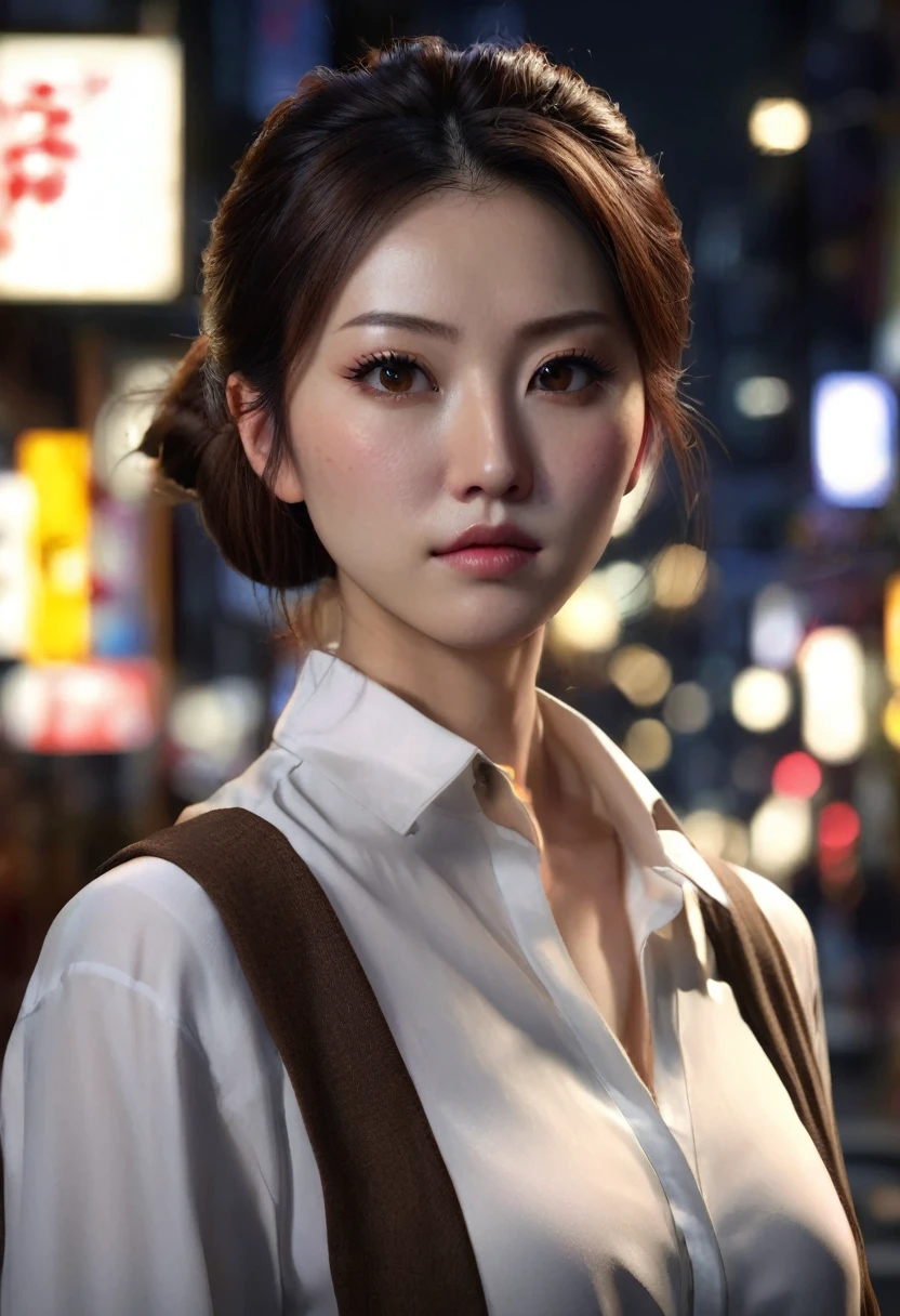 1 woman, SHE IS JAPANESE, inside a city at night, wearing a white blouse, feminine brown eyes, clear and detailed skin, brown hair in two side buns, TWO SIDE BUNS, dramatic lighting, cinematic composition, dark palette, dark colors, atmospheric haze, thin chin, soft face, serious face, beautiful woman, adult woman, ultra realistic, adult woman, (best quality, 4K, 8K, high resolution, art: 1.2), ultra detailed (realistic, photorealistic, photorealistic: 1.37)