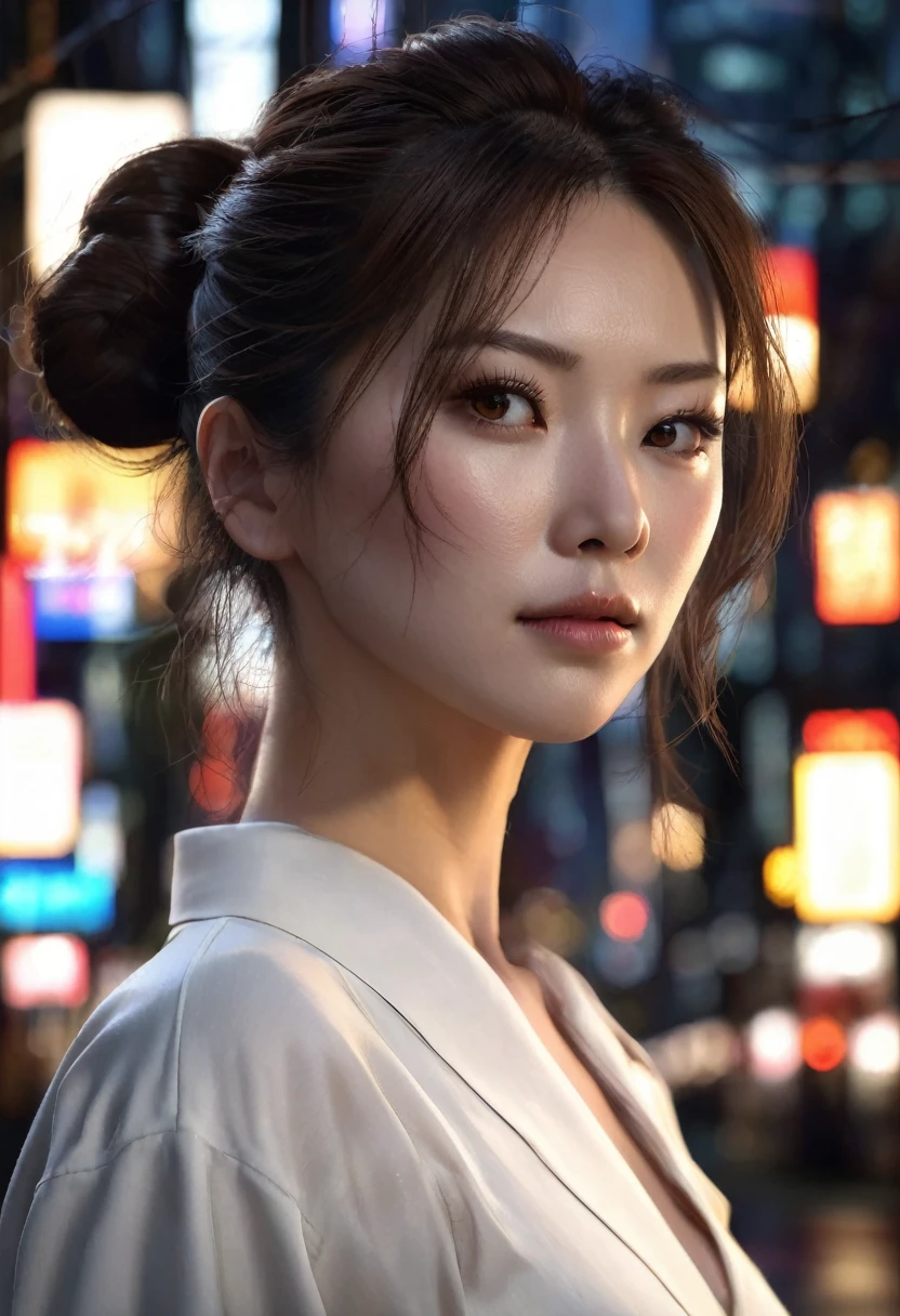 1 woman, SHE IS JAPANESE, inside a city at night, wearing a white blouse, feminine brown eyes, clear and detailed skin, brown hair in two side buns, TWO SIDE BUNS, dramatic lighting, cinematic composition, dark palette, dark colors, atmospheric haze, thin chin, soft face, serious face, beautiful woman, adult woman, ultra realistic, adult woman, (best quality, 4K, 8K, high resolution, art: 1.2), ultra detailed (realistic, photorealistic, photorealistic: 1.37)