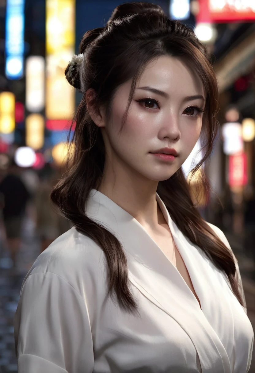 1 woman, SHE IS JAPANESE, inside a city at night, wearing a white blouse, feminine brown eyes, clear and detailed skin, brown hair in two side buns, TWO SIDE BUNS, dramatic lighting, cinematic composition, dark palette, dark colors, atmospheric haze, thin chin, soft face, serious face, beautiful woman, adult woman, ultra realistic, adult woman, (best quality, 4K, 8K, high resolution, art: 1.2), ultra detailed (realistic, photorealistic, photorealistic: 1.37)