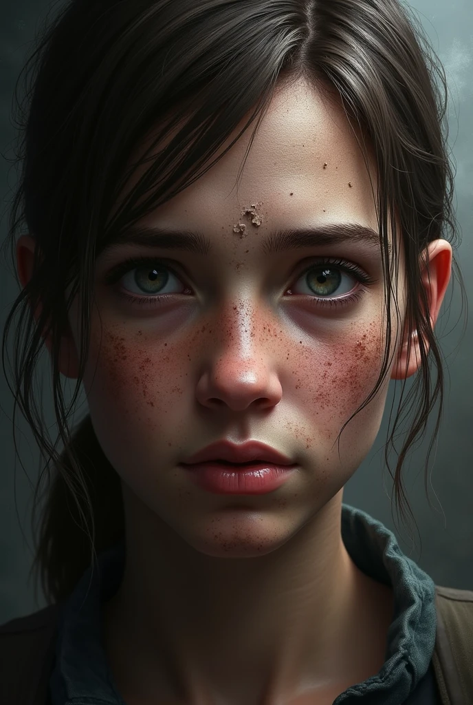 Half Ellie and half Joel face, brave from The Last of Us, game style image, not realistic. 