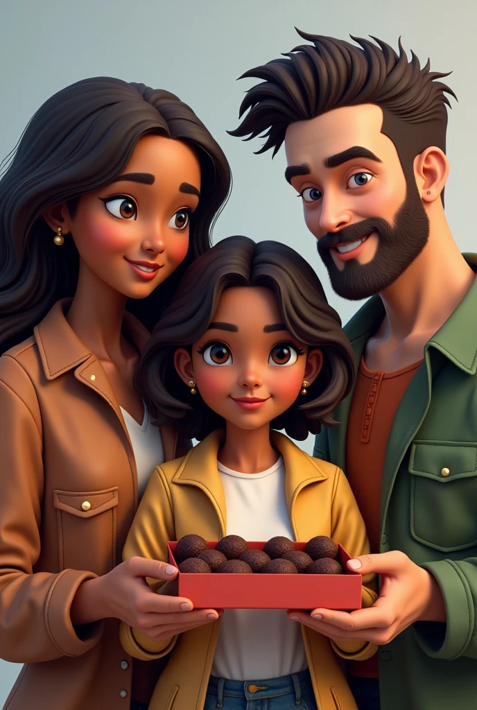 Create 3 mechanical engineering students holding boxes of brigadeiros, Students of approximately 19 years old Tall brunette with long hair, brown skin and indigenous features Short brunette with medium-length hair, not short, with indigenous features, brown skin Tall white man with a beard