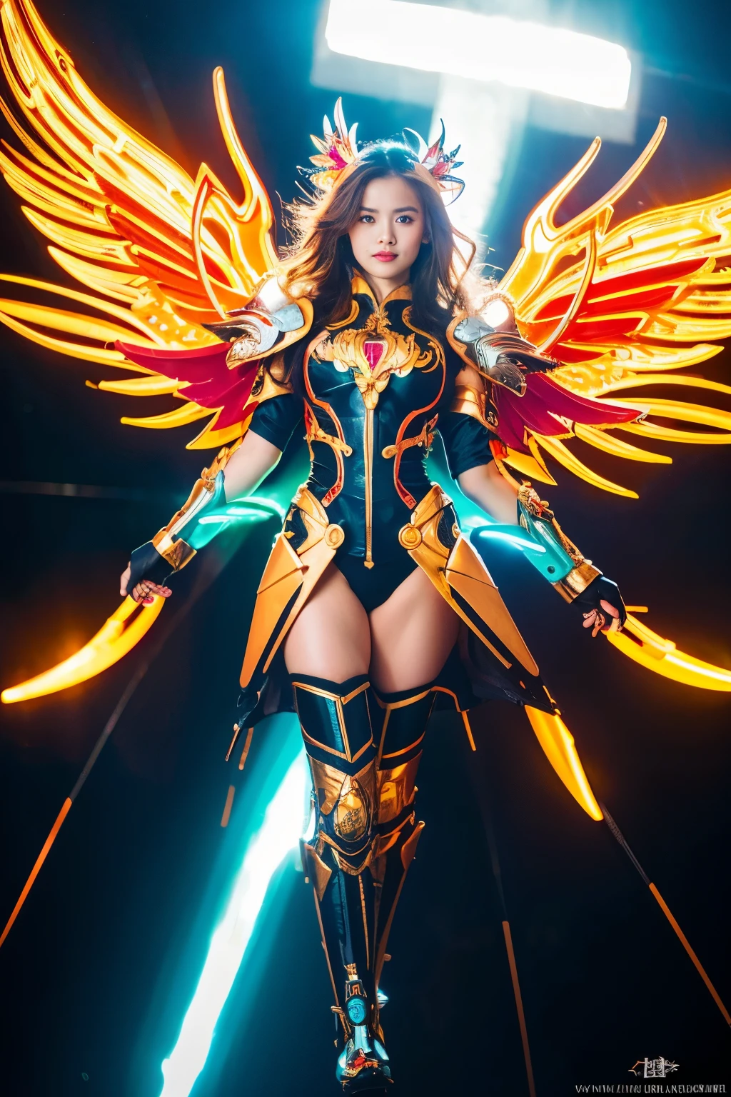 (best quality, masterpiece, colorful, dynamic angle, from below, highest detailed)upper body photo, full body photo, fashion photography of cute mechangel, glowing 4 wings, solo, glowing armor, glowing halo, building, glowing mechanical 4 wings (intricate details, hyperdetailed:1.15), detailed, light passing through hair, (official art, extreme detailed, highest detailed), HDR+