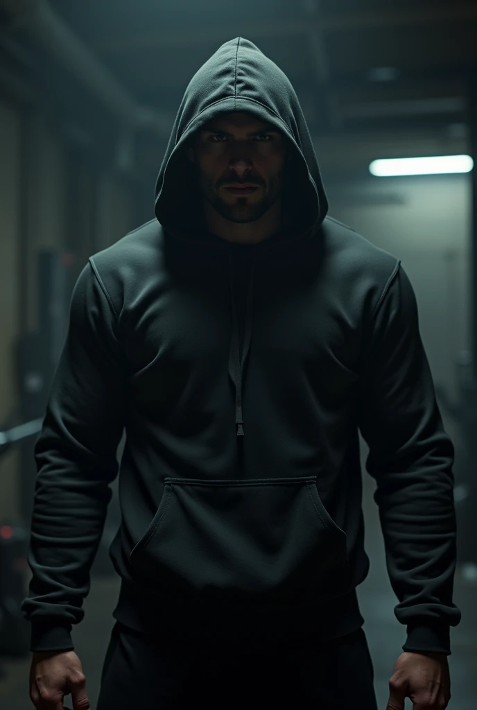 A super muscular man in a dark coloured gym wearing hudie hiding his face the men is 25 years old