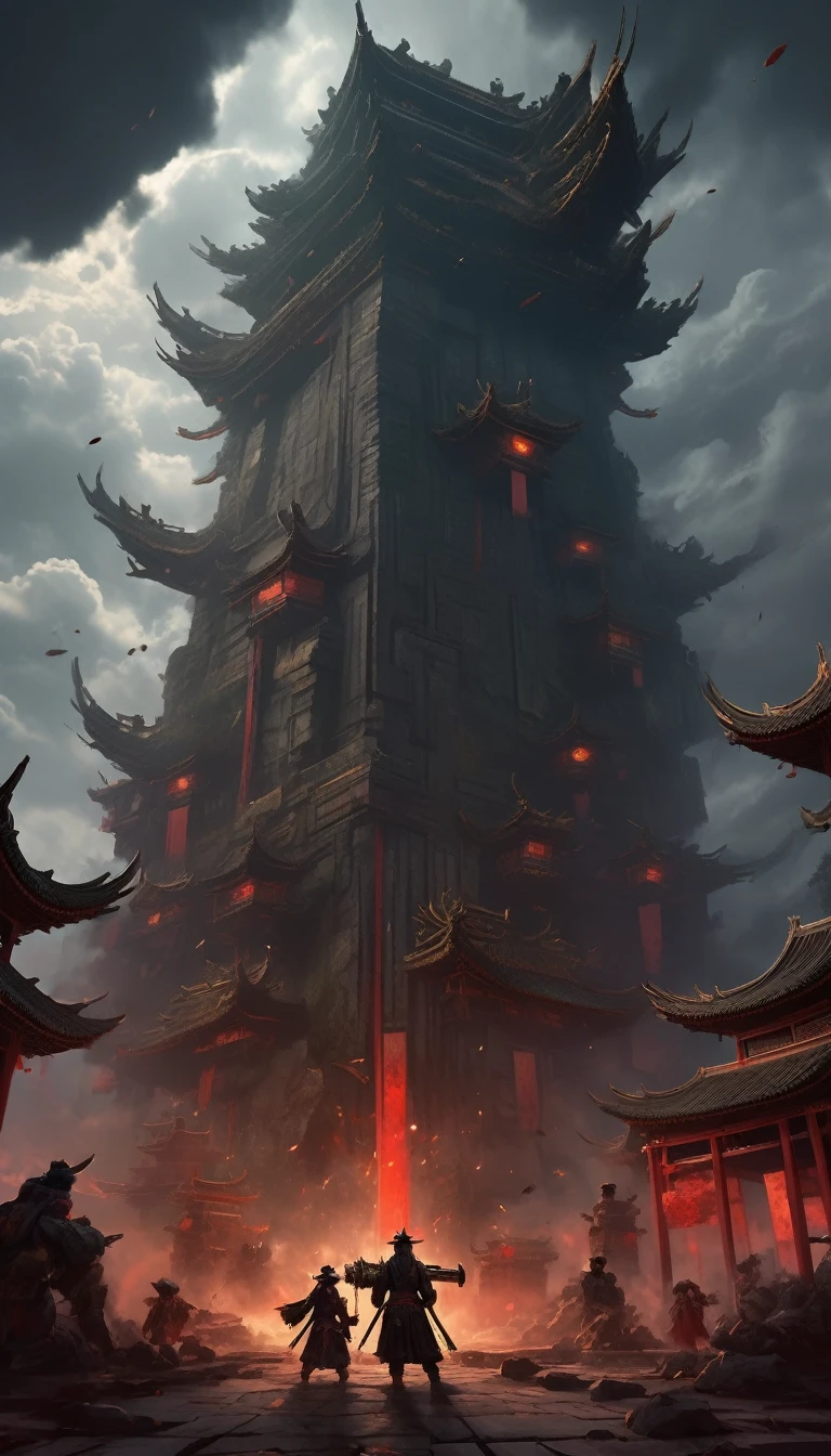 Giant weapons, topsy-turvy ancient Chinese guns, very small people looking up at the huge Yuejia guns, bloody twilight, the remnants of the sun like blood, dark clouds, the, dark clouds,Obsidian Bone Bloodstone Corrupted Metal Corrupted Runes Miasma Leather Shadowwood