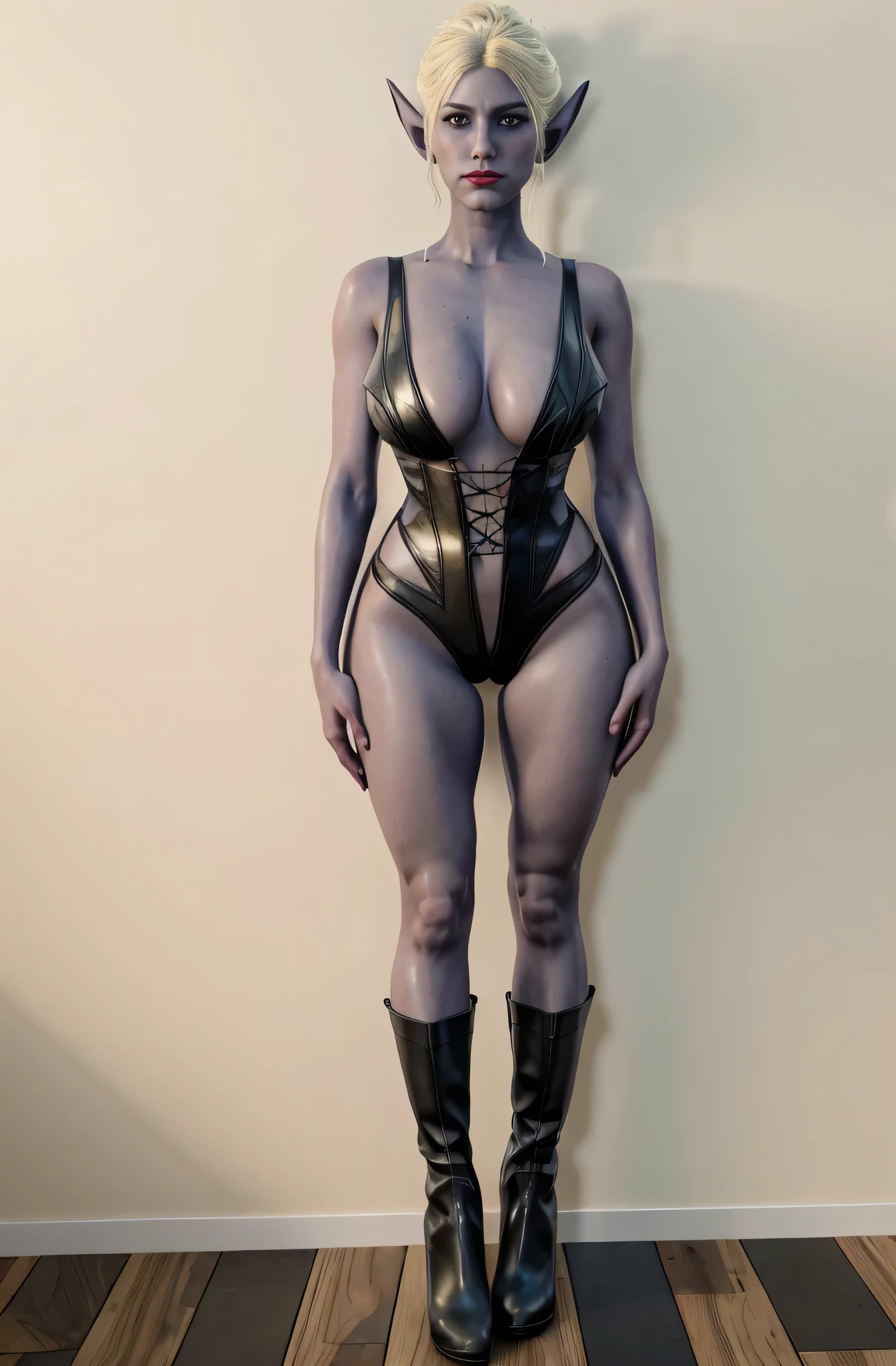 Mintara is a beautiful,  glamorous elf girl, 20 years old, Mintara hairstyle, Mintara hair color, large expressive blue eyes, long black thick eyelashes, straight chiseled nose, full juicy lips, light perfect skin, Mintara beautiful aristocratic face, bright makeup, scarlet lipstick on the lips, beautiful shadows on the upper eyelid, Slender beautiful figure, beautiful , thin waist, long slender perfect legs, high-heeled Mintara boots, high-heeled shoes, Mintara armor, large earrings, huge earrings, beautiful symmetrical toes, Red manicure, Looking at the viewer, Full-length photo, Realism, UHD, retina, masterpiece, accurate, anatomically correct, textured skin, super detail, high details, high quality, award winning, best quality, highres, 1080P