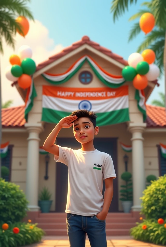 A real 20 year old boy , wearing a white "Nikhil" T-shirt stands in front of a house decorated with Indian flags and tricolor balloons, saluting for an upcoming Independence Day celebration. The house has a large banner that reads "HAPPY INDEPENDENCE DAY 2024 and make sure text should be correct.