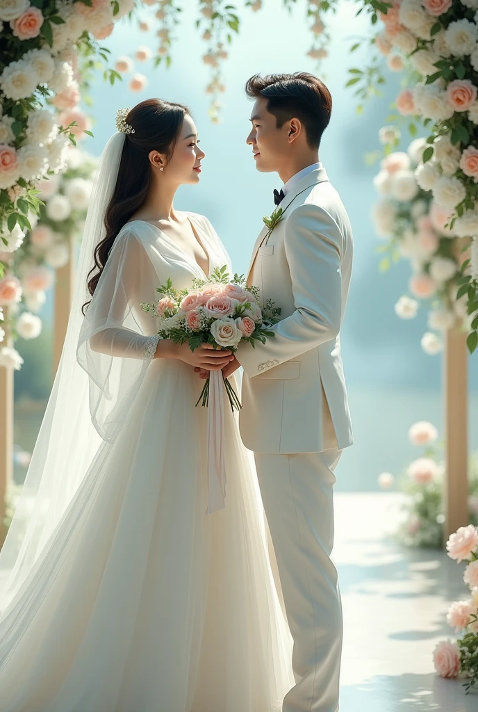 Very detailed married image of a beautiful long-haired Korean woman wearing a long white dress and a young long-haired Indonesian man wearing a white suit while carrying flowers, with a wedding event background, ultra-realistic 32k. Soft diffused lighting, cool and natural color palette, great detail.