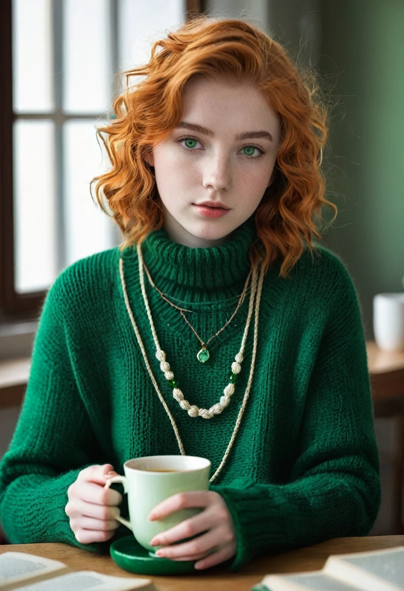 A 16 year old girl, with short wavy and orange hair, with emerald green eyes, with white skin and wearing a green knitted sweater, He was wearing a simple rope necklace with an emerald pendant, drinking tea and accompanied by several thick books on his table.