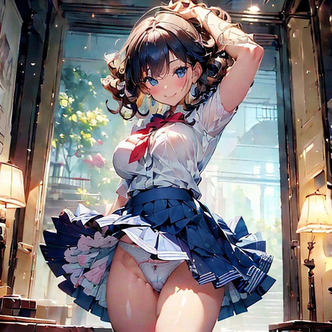 (masterpiece), (best quality), smile brightly, 1 woman, 25 years old, bewitching, show off underwear, frilled underwear:1.2, blue color underwear, layered skirt, swell one's loins++, fullback underwear , large breast , cute outfit:1.2, (leg up, grab knee, standing split) , skirt, cinematic,Realistic Flesh,The bite is clear,Fashionableパンティー,Fashionable👔,Fashionable髪型,Curly hair,