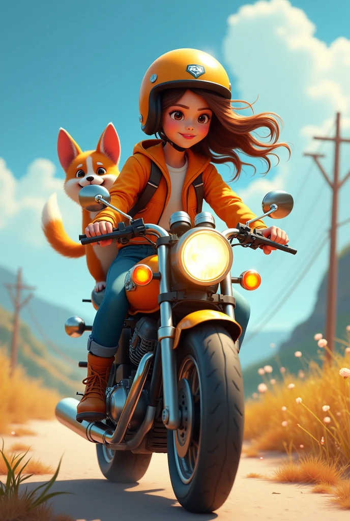 A teen age girl drive the cycle with her pet
