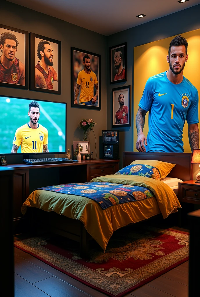 Bedroom with neymar jr posters on wall and bedsheet of neymar pics.room has gaming setup of neymar poster and theme. The room has gaming pc and setup. I want it in the pic too.i want real neymar jr pics and poster in this.neymar bedsheet and i want setup view also.neymar jr in brazil shirt posters and pics..