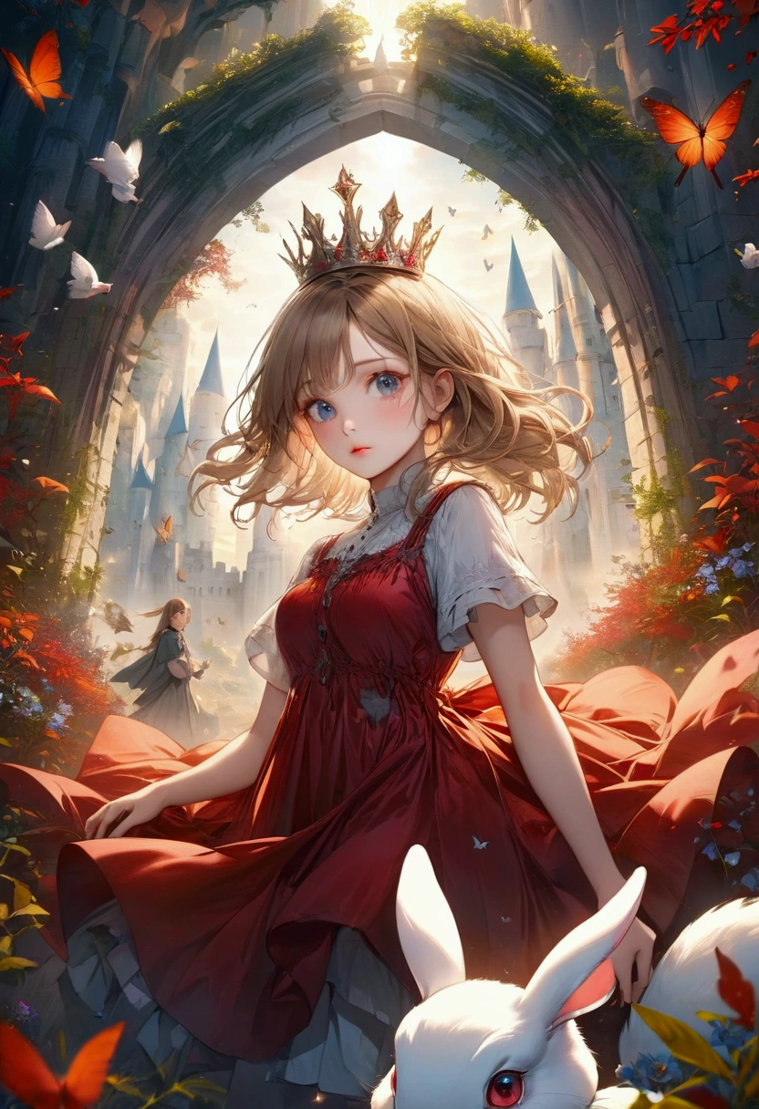 A dynamic knees-up pose of a beautiful 20-year-old girl with messy dark blonde hair, set in a mystical fantasy landscape. She is in front of a portal that leads to a magical castle, surrounded by an enchanting atmosphere. The woman has striking, detailed eyes and lips, with long eyelashes. She wears a crown of red leaves and a dress made of leaves and wildflowers, with butterflies and birds flying around her. holding a fluffy white rabbit, The image is photorealistic and hyper-detailed, with intricate details, dramatic lighting, and a cinematic composition in 4K resolution.