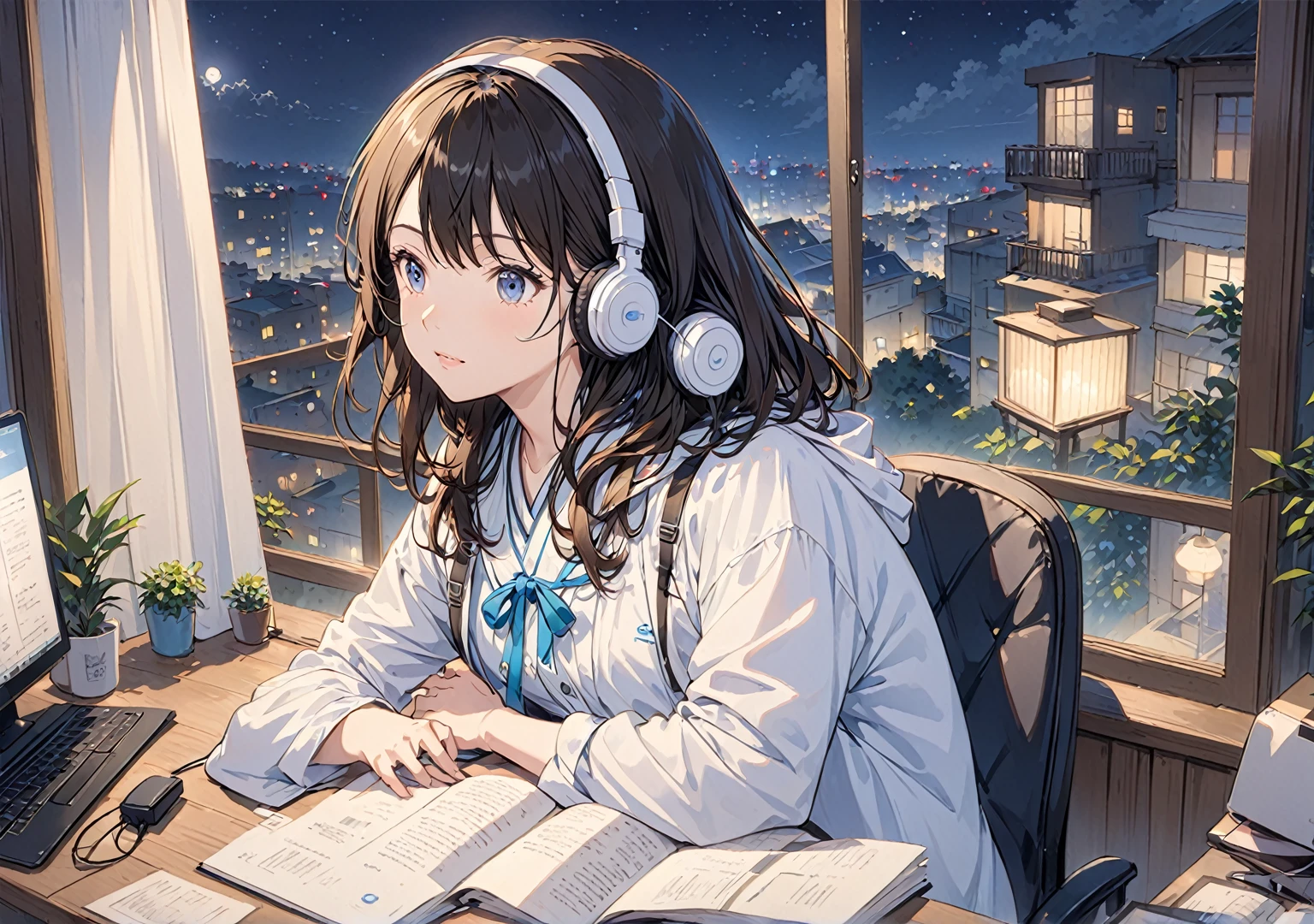 headphone、study、night