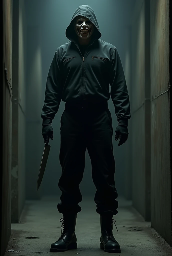 Slasher With black jump suit black boots a kitchen knife and smiling creepy mask