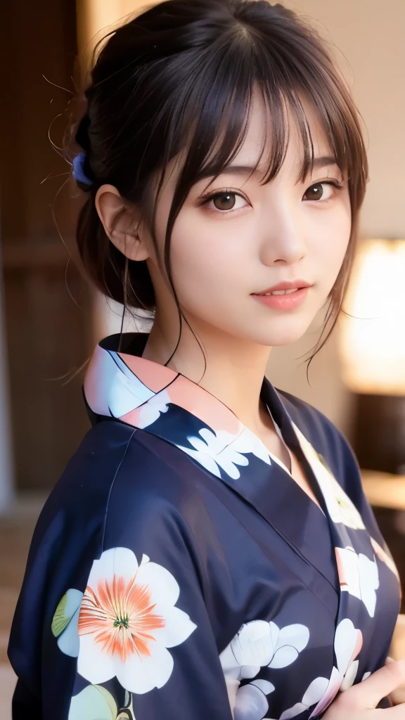 8k,Highest quality,(masterpiece:1.2),(Realistic),(Realistic:1.37),Ultra-high resolution,1 female college student,festival,night,smile,Beautiful Eyes,(((Cute Yukata))),Perfect body,Perfect Fingers,Professional Lighting,gravure,Detailed face and skin texture,fine grain,RAW Photos