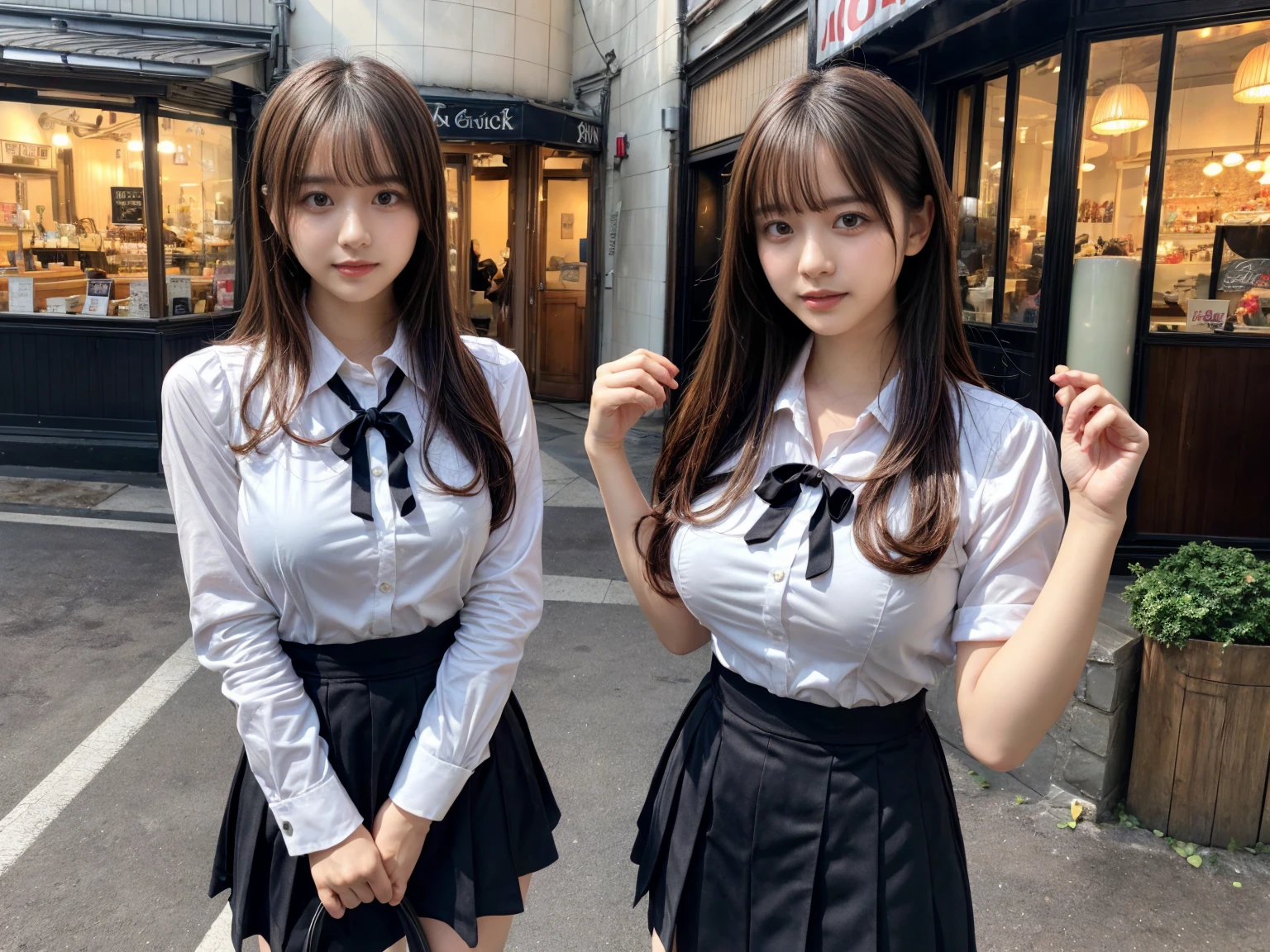 masterpiece, best quality, illustration, Super detailed, fine details, High resolution, 8K,wall paper, perfect dynamic composition,(Details High quality, realistic depiction of eyes:1.3), (2 girls), standing,waitress uniform, restaurant, huge breasts, short bob hair、black hair color, Big Natural Color Lip, (perfect body shape), crying a little、Harajuku style、20 year old girl、cute type、ta、beautiful legs, focus on crotch, full body photo, gravure idol