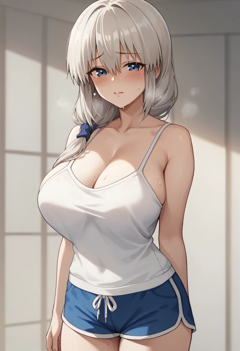 Huge breasts、blush、Sweat、In the heat、Long white hair、Braiding、uzaki_fortune、
{Highest quality}, {so beautiful}, {Very detailed}, {Best illustrations},Life、slim:1.5、White camisole tunic、Are standing、Dolphin Shorts