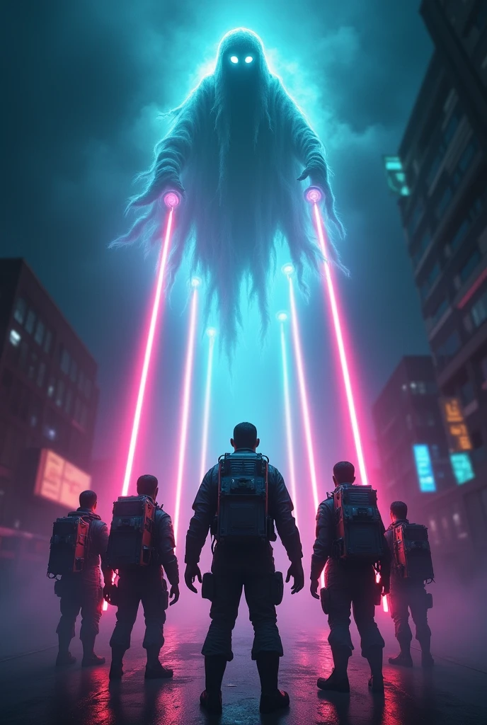 "Create a movie poster featuring four men in tactical gear, reminiscent of Ghostbusters, positioned at the bottom. They are holding high-tech power wands connected to flashing, eclectic backpacks. The men are facing away from the viewer, aiming their wands upward. Neon electric plasma beams in bright blues, greens, and purples shoot from the wands, spiraling towards the top center of the poster. At the top, a terrifying, floating ghost with twisted, eerie features and glowing eyes is facing directly at the viewer. The ghost should be semi-translucent with a menacing aura. The background should be dark and foggy with hints of an urban setting, creating an ominous atmosphere. Use a mix of dark tones for the background and ghost, contrasting with the bright neon colors of the plasma beams and the glowing lights on the backpacks.