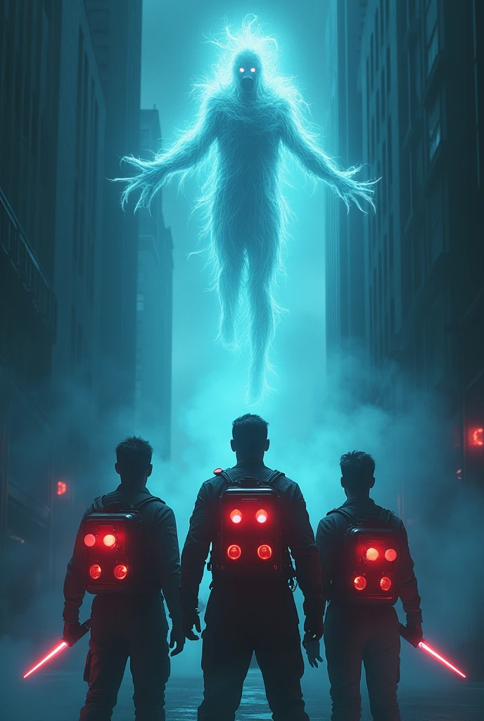 "Create a movie poster featuring four men in tactical gear, reminiscent of Ghostbusters, positioned at the bottom. They are holding high-tech power wands connected to flashing, eclectic backpacks. The men are facing away from the viewer, aiming their wands upward. Neon electric plasma beams in bright blues, greens, and purples shoot from the wands, spiraling towards the top center of the poster. At the top, a terrifying, floating ghost with twisted, eerie features and glowing eyes is facing directly at the viewer. The ghost should be semi-translucent with a menacing aura. The background should be dark and foggy with hints of an urban setting, creating an ominous atmosphere. Use a mix of dark tones for the background and ghost, contrasting with the bright neon colors of the plasma beams and the glowing lights on the backpacks.