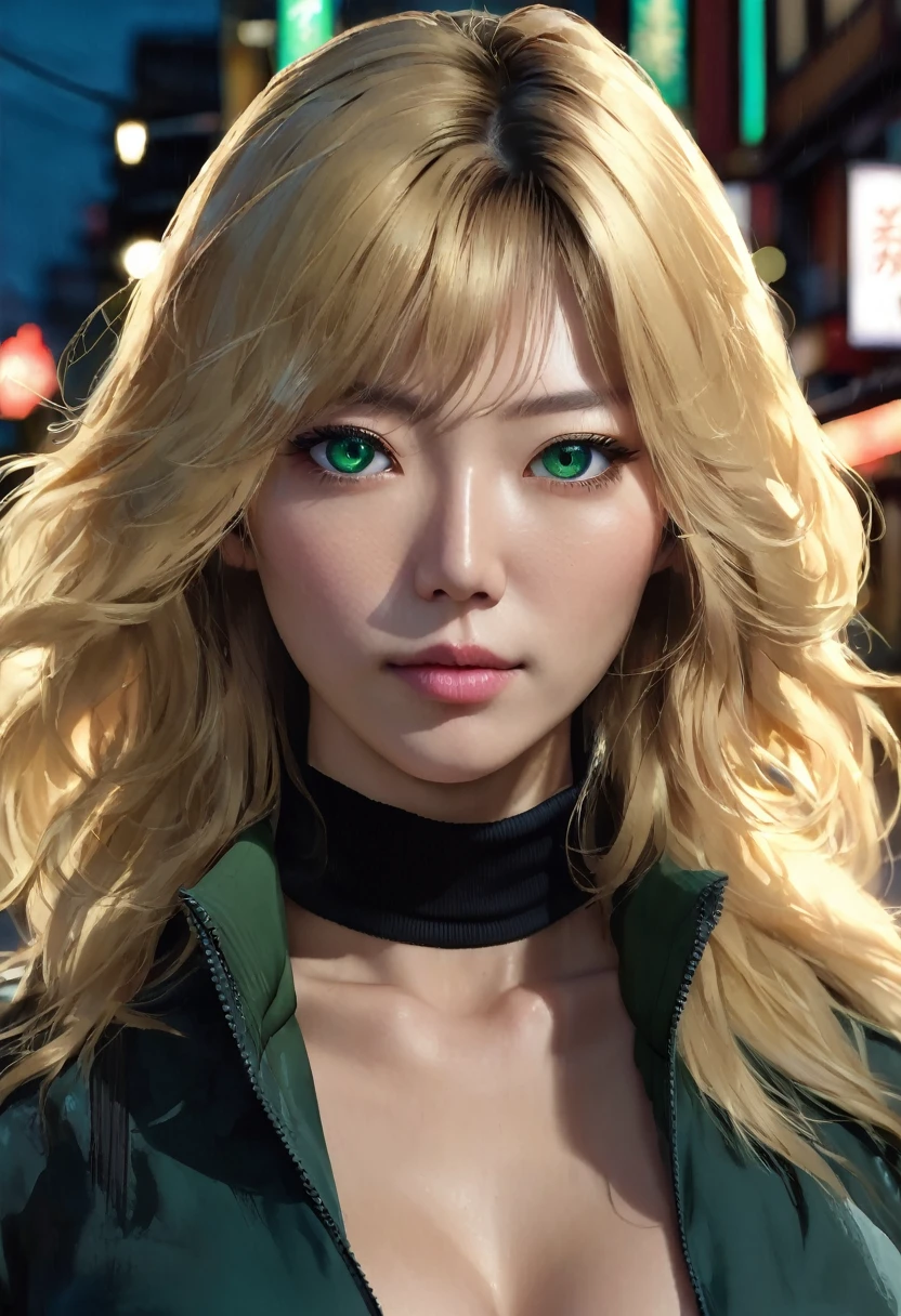 1 woman, she is Japanese, inside a city at night, wearing a black turtleneck, feminine blue-green brown eyes, fair and detailed skin, large breasts, medium length messy golden blonde hair, dramatic lighting, cinematic composition, dark palette, dark colors, atmospheric haze, thin chin, soft face, serious face, beautiful woman, adult woman, ultra realistic, adult woman, (best quality, 4K, 8K, high resolution, art: 1.2), ultra detailed (realistic, photorealistic, photorealistic: 1.37)