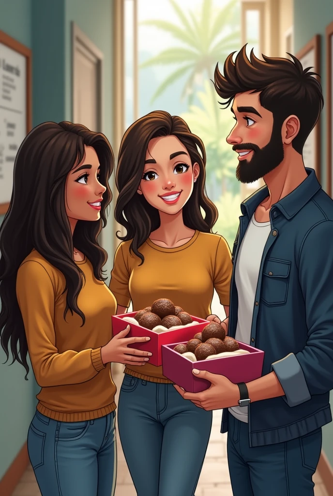 Create 3 mechanical engineering students holding boxes of brigadeiros, Students of approximately 19 years old Tall brunette with long hair, brown skin and indigenous features Short brunette with medium-length hair, not short, with indigenous features, brown skin Tall white man with a beard