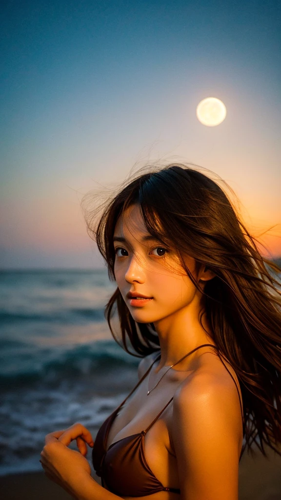 Japanese　Brown Bikini　Smooth and soft skin　Delicate hair tousled by the wind　Ocean　summer night　Sandy Beach　Starry Sky　A huge, dreamy and realistic full moon　Professional Lighting