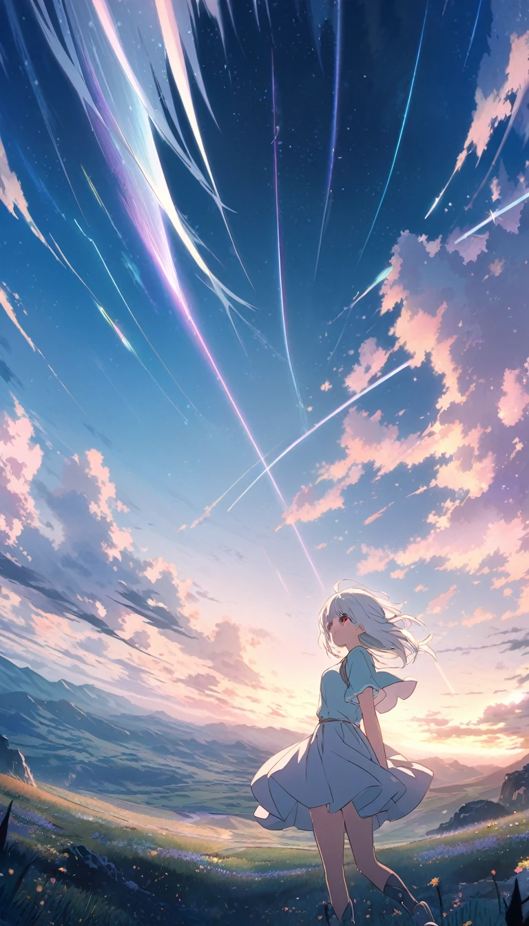 Weathering With You,anime,Fantasy World,Magical atmosphere,Fantastic shooting star,Fantastic Background,Soft pastel colors,White hair swaying in the wind,Expressive red eyes,Dynamic Perspective,Sad look