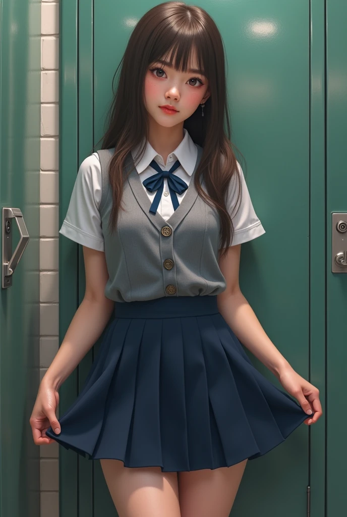 One girl、Excellent anatomy, masterpiece, Highest quality,Realistic, hyperRealistic, 16k hdr,(((skirt lift))),NSFW、White short sleeve shirt、Blue ribbon、Navy blue pleated skirt、Grey vest、Long Hair、Straight Hair、bangs、freckles、Brown Hair、high school girl、White panties、Slender、In the locker room