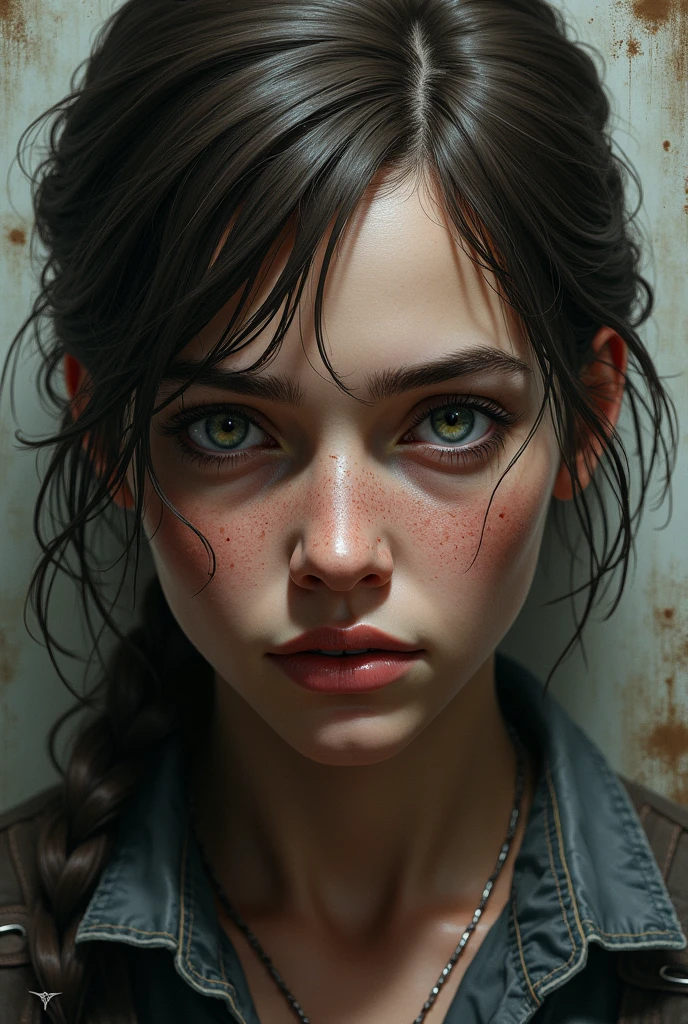 Half Ellie and half Joel faces, brave, from The Last of Us, in a game style image.