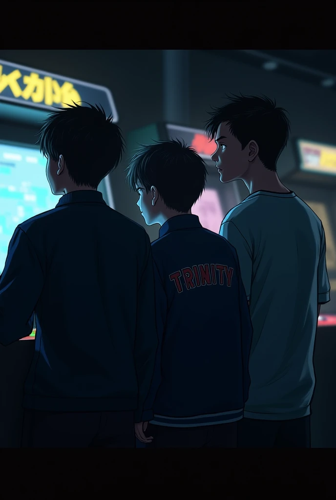 make a picture from behind of 3 young men playing arcade. the room is dark and the background of the picture is black. the man in the middle is short and wearing a jacket that says Trinity, the man on the right is tall and his hair is parted in the middle and the man on the left is tall and his hair is parted to the right