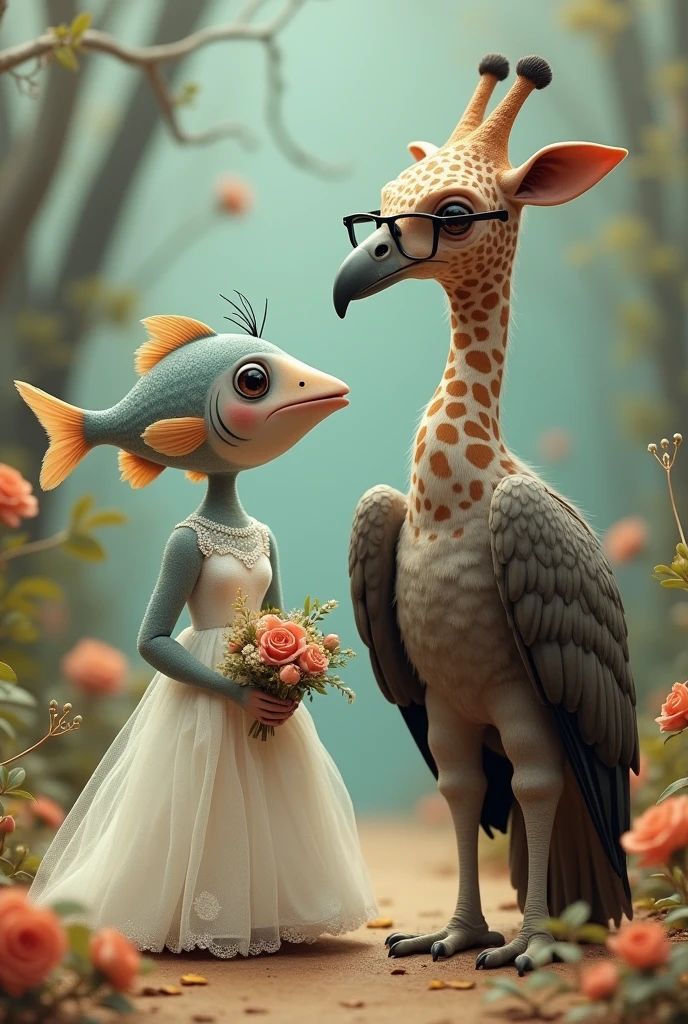 Make a small fish married to a vulture wearing glasses dressed as a bride, and a Vasco da Gama giraffe next to them.