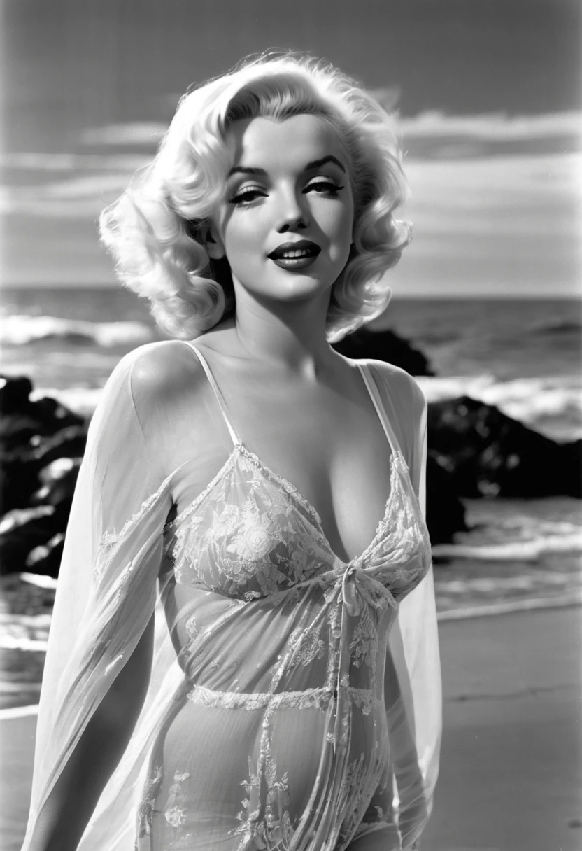 A lovely woman (Marilyn Monroe, age 25, open sheer night gown, no underwear, trimmed vagina hair) walking by the sea side, gentle breeze, erect nipples, beach at night,