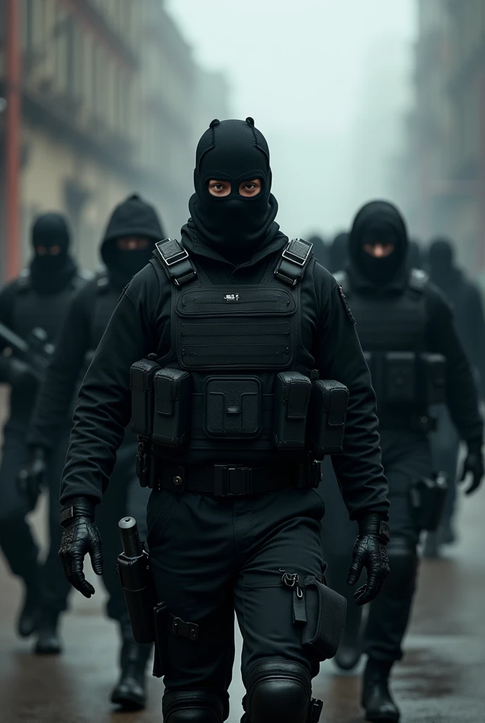several men in black with balaclavas, walking backwards towards the photo