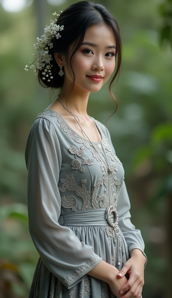 photography, full body of java wedding woman in grey long kebaya dress traditional and batik skirt, looking at viewer, jewelry on hair, tiny strain white jasmine hair ornaments, long shot , light smile, beautiful face, (extremely detailed photo), full body shot photo, high-quality photo, photorealistic, Intricate, High Detail, Sharp focus, dramatic, photorealistic, RAW photo, real person, hyperrealism, masterpiece,, very detailed face and eyes,4k,8k,highly detailed, high Detail, Sharp focus, detailed face,
high-quality photo, (photorealistic:1.5),(hyper realistic:1.5)