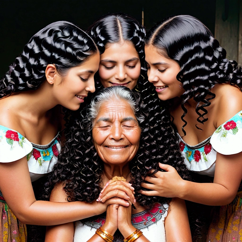 In mexican home,two younger mexican ladies and their eldery mexican grandmama in mayan dress,unnatural unreal wiered black 3c curly hairs like black springs,It is being coiled and coiled and coiled amd millon times coiled hairs made up in salon exact looking like image prompt,Showered highly wet hairs,Drenched and absorbed water in their hair,like hair flooded with 10000000000000000000000000000000000000000000 liters and soaked in thier hair,hairs like water pulp,Those hairs git pulpted and makes very thick hair curls like black warms on thier hairs,Their hairs got coiled with wetness,Shinning like mirrors stating big black springs,one eldery grandmama lady seated down, other two younger bend over and licking head scalp of seated lady from behind, Like they raping kneeled lady' head scalp with kissing wildly,Generate ladies hairs are rapunzel and so much wet as wetness absobed in to their hairs and made curls exact as per the image prompt,Generate ladies hairs stricly collowing image prompt with mirror shininess and curliness,Generate mexican maturity in the ladies