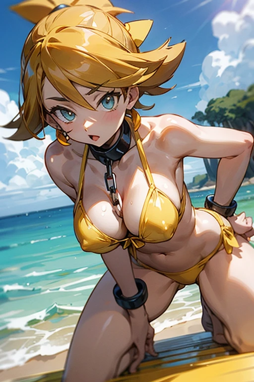 milf, yellow bikini, ultra detailed, pokemon anime style, chained