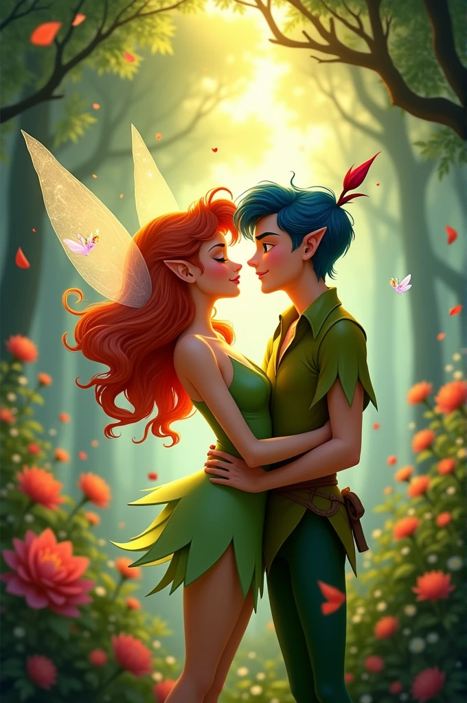 Tinkerbell with red hair and Peter Pan with blue hair. The two lovers.
