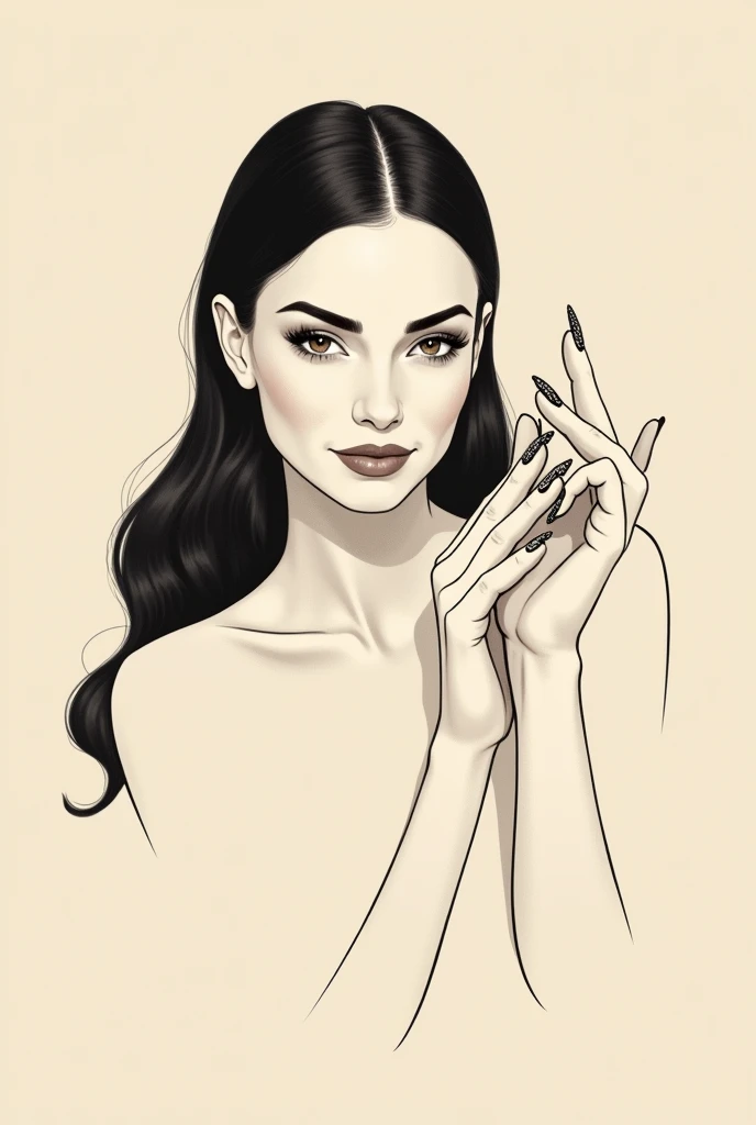 create an illustration of a lady model, having long hair and showing her newly done nails which have nail art on it. The nail art is some nice floral design. Illustration should be minimalist, monochrome style. The illustration should have soft, muted tones like beige or light brown, with a focus on fine details and shading. The woman should have sharp facial features with long open hair and the composition should highlight her hands with long beautifully decorated nails. The overall mood should be elegant and sophisticated, with a touch of modern, sleek design. The background should be simple, allowing the main subject to stand out. Do not want a photorealistic image. It has to have an artistic effect.